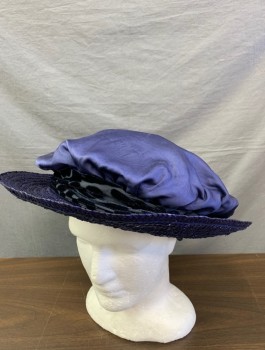 Womens, Hat 1890s-1910s, N/L MTO, Navy Blue, Straw, Silk, Silk Poufy Crown with Straw Brim, Burnout Velvet Band, Made To Order