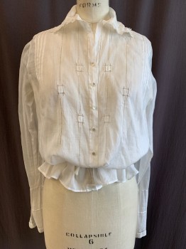 Womens, Blouse 1890s-1910s, LA BLANCHE, White, Cotton, Solid, W 31, B 36, Batiste, Pearlized Button Front, Faggotting Vertical Stripes with Square Blocks, Pintuck Pleats From Shoulders, 3 Button High Collar Attached with Lace Trim, Fagootting on Collar, 3 Button Cuff with Extended Cuff, Twill Tape Waist Belt Attached at Back,