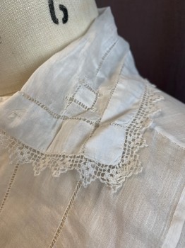 Womens, Blouse 1890s-1910s, LA BLANCHE, White, Cotton, Solid, W 31, B 36, Batiste, Pearlized Button Front, Faggotting Vertical Stripes with Square Blocks, Pintuck Pleats From Shoulders, 3 Button High Collar Attached with Lace Trim, Fagootting on Collar, 3 Button Cuff with Extended Cuff, Twill Tape Waist Belt Attached at Back,