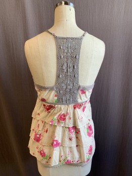 FREE PEOPLE, Taupe, Fuchsia Pink, Green, Cotton, Nylon, Floral, Crepe, V-neck, Gray Adjustable Straps, Lace Racer Back Panel, Gray Chiffon Trim, V-neck, Empire Waist, 3 Ruffle Layers, Side Zip