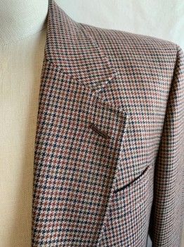 Mens, Blazer/Sport Co, CAVALIER, Khaki Brown, Burnt Orange, Black, Wool, Houndstooth, 38R, Notched Lapel, Single Breasted, Button Front, 2 Buttons, 3 Pockets, Single Back Vent