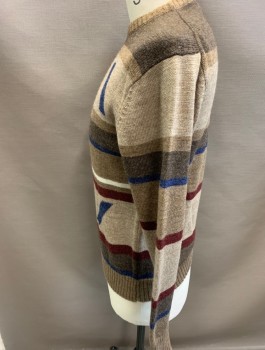 Mens, Sweater, CAMPUS, Brown, Blue, Maroon Red, Brown, White, Acrylic, Wool, Abstract , Stripes, L, CN, L/S, Pullover,