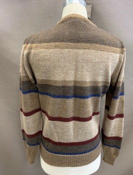 Mens, Sweater, CAMPUS, Brown, Blue, Maroon Red, Brown, White, Acrylic, Wool, Abstract , Stripes, L, CN, L/S, Pullover,