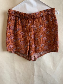 Womens, Shorts, MADEWELL, Rust Orange, Red Burgundy, Lt Pink, Red Burgundy, Polyester, Floral, S, Elastic Waist, Side Pockets, Pleated