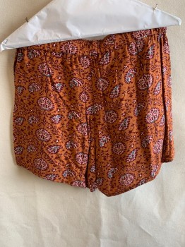 Womens, Shorts, MADEWELL, Rust Orange, Red Burgundy, Lt Pink, Red Burgundy, Polyester, Floral, S, Elastic Waist, Side Pockets, Pleated