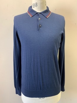 SAKS FIFTH AVENUE, French Blue, Wool, Collar Attached, Red & Beige Stripe on Collar, Half Button Front, Long Sleeves, Knit