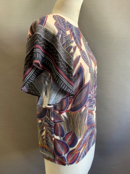 WHISTLES, Navy Blue, Beige, Orange, Red, Multi-color, Polyester, Animal Print, Spots , S/S, Crew Neck, Flared Sleeves