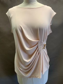 Calvin Klein, Blush Pink, Polyester, Spandex, Solid, S/S, Wide Neck, Side Pleat with Gold Buckle,