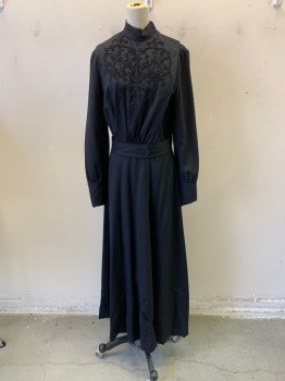 Womens, Dress 1890s-1910s, NL, Black, Synthetic, W: 26, B: 32, Stand Collar, Black Beading on Front, Hook & Eye Closures on Left Front, L/S, Belted Waist, Floor Length Hem