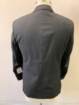 SAKS FIFTH AVENUE, Charcoal Gray, Wool, Solid, Heathered, 2 Buttons, 3 Pockets, Notched Lapel, 4 Button Sleeves, Double Vent