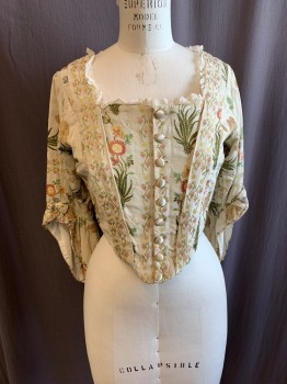 Womens, Historical Fiction Bodice, MTO, Cream, Salmon Pink, Lt Green, Yellow, Dk Green, Synthetic, Floral, W28, B38, 1700s, Square Neck with White Lace Trim, Button Front, L/S *Aged/Distressed*