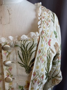 Womens, Historical Fiction Bodice, MTO, Cream, Salmon Pink, Lt Green, Yellow, Dk Green, Synthetic, Floral, W28, B38, 1700s, Square Neck with White Lace Trim, Button Front, L/S *Aged/Distressed*