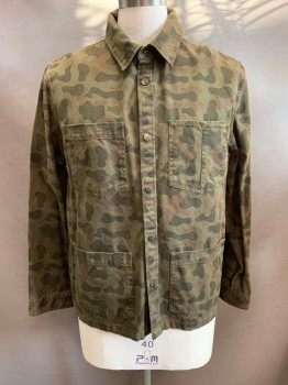 LEE, Olive Green, Dk Olive Grn, Brown, Cotton, Camouflage, Collar Attached, Snap Front, 4 Patch Pockets, Long Sleeves