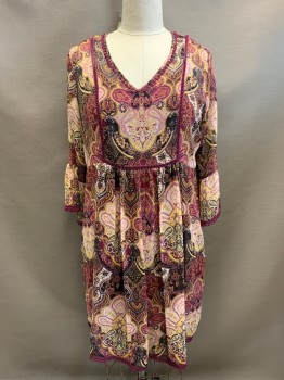 NEW DIRECTIONS, Red Burgundy, White, Pink, Black, Yellow, Polyester, Floral, Paisley/Swirls, Sheer Dress, Burgundy Solid Slip Attached, V-neck, Burgundy Crochet Trim, Pleated Skirt, Long Sleeves, Bell Sleeves, Hem at Knee