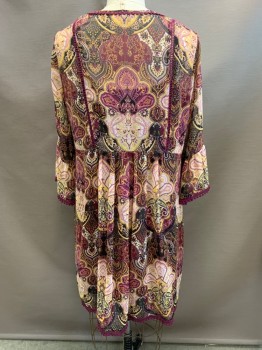 NEW DIRECTIONS, Red Burgundy, White, Pink, Black, Yellow, Polyester, Floral, Paisley/Swirls, Sheer Dress, Burgundy Solid Slip Attached, V-neck, Burgundy Crochet Trim, Pleated Skirt, Long Sleeves, Bell Sleeves, Hem at Knee
