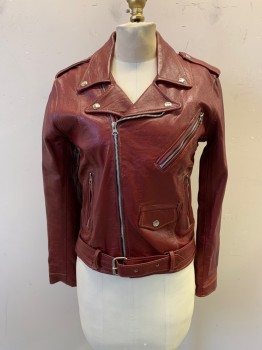 Womens, Leather Jacket, REWORKED, Red Burgundy, Leather, B: 36, Collar Attached, Zip Front, Zip Pockets, Self Belt, Epaulets