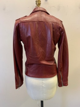 Womens, Leather Jacket, REWORKED, Red Burgundy, Leather, B: 36, Collar Attached, Zip Front, Zip Pockets, Self Belt, Epaulets