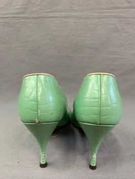 Womens, Shoe, CUSTOM CRAFT, Mint Green, Leather, Reptile/Snakeskin, Sz.8, Heels, Pearlized Mint Leather with Embossed Reptilian Texture, Pointed Toe, Cream Piping, Stiletto, Light Scuffing Throughout