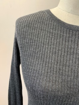 THEORY, Dk Gray, Wool, Round Neck, Ribbed, 3/4 Sleeves