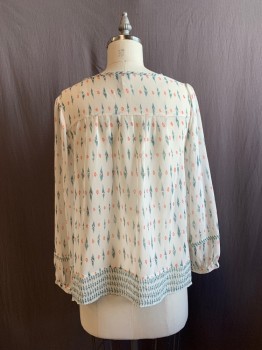 JOIE, Off White, Teal Green, Salmon Pink, Black, Silk, Abstract , Native American/Southwestern , V-N, L/S,