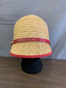 GENIE, Beige, Straw, Cloche, Red Leather Strap & Gold Buckle on Front, Red Trim