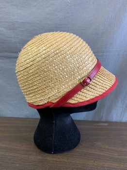 GENIE, Beige, Straw, Cloche, Red Leather Strap & Gold Buckle on Front, Red Trim