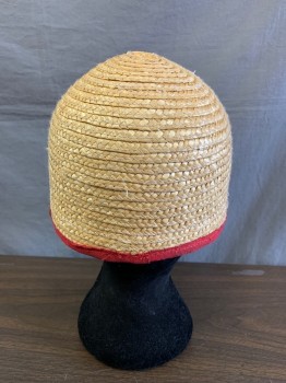 Womens, Hat, GENIE, Beige, Straw, OS, Cloche, Red Leather Strap & Gold Buckle on Front, Red Trim