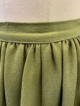 Womens, Historical Fiction Skirt, N/L MTO, Avocado Green, Wool, Solid, W:27, 1" Wide Waistband, Gathers at Waist, Ankle/Floor Length, Has Some Stains, Holes Throughout, Working Class Peasant, Made To Order Reproduction