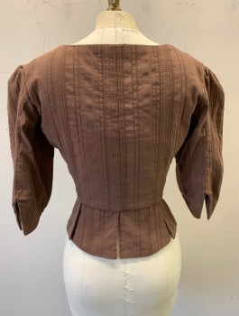Womens, Historical Fiction Bodice, N/L MTO, Brown, Cotton, Stripes - Vertical , W:27, B:34, Self Stripe, 3/4 Sleeves Gathered at Shoulders, Scoop Neck, Grommets/Lace Up Center Front, Tabbed Waist, Made To Order 1600's Reproduction, **Missing Laces