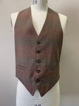 Mens, Vest, MTO, Brown, Wool, Plaid, 38, V-N, 5 Buttons, 2 Pockets