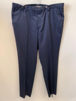 HUGO BOSS, Navy Blue, Wool, Solid, Zip Front, Extended Waistband With Hook N Eye Closure, 4 Pckts, F.F, Creased