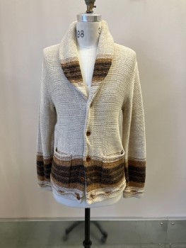 J.CREW, Oatmeal Brown, Brown, Sienna Brown, Cotton, Solid, Stripes - Horizontal , Shawl Lapel, 5 Btns, 2 Pckts, Band Stripe Across Body And Sleeves And Front Of Lapel