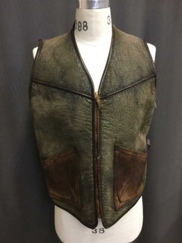 Mens, Vest, NO LABEL, Brown, Chocolate Brown, Leather, Wool, 40, Worn In Brown Leather, Chocolate Leather Trim And Patch Pockets, Zip Front, Wool Sheerling Lining, Side Leather Buckles