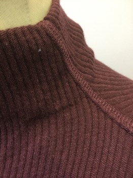 THEORY, Dk Purple, Acrylic, Wool, Solid, Ribbed Knit Sweater Dress, Long Sleeves, Mock Neck, Ankle Length Hem with Bias Cut Godets at Side of Hem