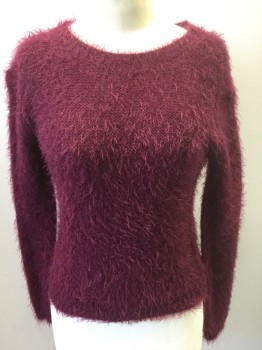AMBIANCE, Red Burgundy, Acrylic, Nylon, Solid, Feathered/Eyelash Knit, Long Sleeves, Wide Scoop Neck