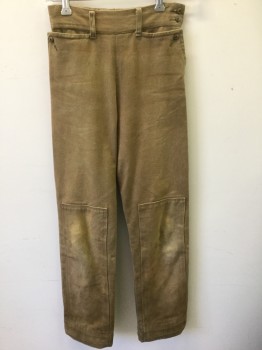 Childrens, Pants 1890s-1910s, N/L, Lt Brown, Cotton, Solid, W:23, Canvas, 2" Wide Waistband with 2 Button Closures at Side, Zipper at Side, Button Closures on Pockets, Wide Leg, Belt Loops, Reinforced Panel at Crotch/Inner Thighs, Dusty/Dirty Throughout, Made To Order **Has Multiples