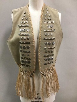 Womens, Vest, STYLEWORKS, Beige, Silver, Suede, Metallic/Metal, Solid, Geometric, M, Beige Suede, Silver Metal Assorted Pieces Sewn On with Twine String At Front, Open Center Front W/No Closures, Twine Stitched Edges, Knotted Tassle Ends with Metal Beads,