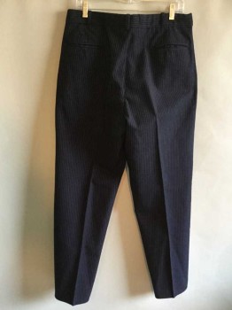 Mens, Suit, Pants, 1890s-1910s, NO LABEL, Navy Blue, Lt Gray, Wool, Stripes - Pin, 30, 36, Button Fly, Welt Back Pockets, Belt Loops, Side Pocket Torn and Mended,