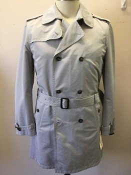 Mens, Coat, Trenchcoat, BANANA REPUBLIC, Lt Gray, Polyester, Solid, L, Double Breasted, Collar Attached, 2 Pockets, Epaulets, Self Belt, 3/4 Length