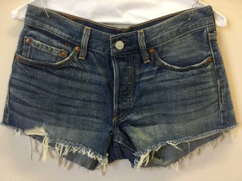 LEVI'S, Blue, Cotton, Heathered, Heather Blue  Denim Short Shorts, Creased Lines & Washed Out Front, Button Front, Frayed Hem
