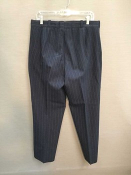 Mens, Suit, Pants, 1890s-1910s, NO LABEL, Navy Blue, Gray, Wool, Stripes, 29, 32, Flat Front, Zip Front, No Back Pockets, Tears and Repairs On Seat Of Pants,