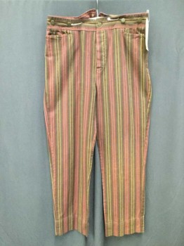 NO LABEL, Red, Mustard Yellow, Brown, Lt Blue, Stripes, Flat Front, Button Fly, Suspender Buttons, Self Buckle Center Back