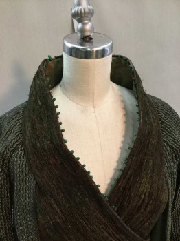 M.T.O., Olive Green, Brown, Black, Polyester, Rayon, Heathered, Solid, Sci Fiction Fantasy with Japanese Influence, Cross Over Dark Brown & Metallic Green Chenille Under Vest with Dark Green Teardrop Bead At Neckline. Dark Olive Braided Textured Permanent Pleated Sleeves and Asymmetrically Draped Peplum