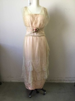 Womens, Evening Dress 1890s-1910s, Mto, Peach Orange, Cream, Silk, Polyester, Solid, Floral, W30, B38, Peach Satin with Cream Tulle Overlay with Lace Trim, Sequinned Detail at Neckline, Pink Beaded Tassles at Shoulder Front. Antique Rose Bud at Center Front Waist and Side Seam. 3 Tiered Lace Overlay. Some Evidence of Repair on Front Skirt,