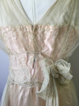 Womens, Evening Dress 1890s-1910s, Mto, Peach Orange, Cream, Silk, Polyester, Solid, Floral, W30, B38, Peach Satin with Cream Tulle Overlay with Lace Trim, Sequinned Detail at Neckline, Pink Beaded Tassles at Shoulder Front. Antique Rose Bud at Center Front Waist and Side Seam. 3 Tiered Lace Overlay. Some Evidence of Repair on Front Skirt,