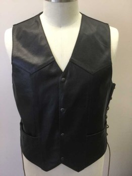 Mens, Leather Vest, FMC, Black, Brown, Leather, Solid, 44, Black Leather with Brown Suede Laces at Sides, Large Brown Cow-Skull with Feathers Painted on Back, Snap Front, V-neck, Western Style Pointed Yoke, 2 Pockets, Black Lining