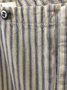 N/L, Lt Gray, Dusty Blue, Cotton, Stripes - Vertical , Light Gray with Dusty Blue Vertical Stripes, Twill, Button Fly, Black Suspender Buttons at Outside Waist, No Pockets, Made To Order Reproduction "Old West" Wear, Dirty/Aged Throughout, Work Wear