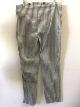 N/L, Lt Gray, Dusty Blue, Cotton, Stripes - Vertical , Light Gray with Dusty Blue Vertical Stripes, Twill, Button Fly, Black Suspender Buttons at Outside Waist, No Pockets, Made To Order Reproduction "Old West" Wear, Dirty/Aged Throughout, Work Wear