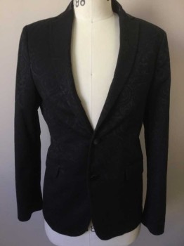 ZARA, Black, Polyester, Paisley/Swirls, Single Breasted, Solid Black Satin Collar Attached, Notched Lapel, 2 Buttons,  3 Pockets