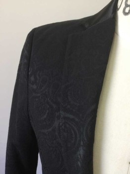ZARA, Black, Polyester, Paisley/Swirls, Single Breasted, Solid Black Satin Collar Attached, Notched Lapel, 2 Buttons,  3 Pockets